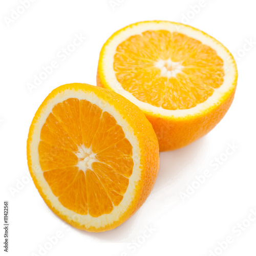 Orange fruit two segments or cantles isolated on white background for graphic designers.