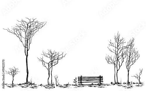 Stylized park decor, bench and trees drawing