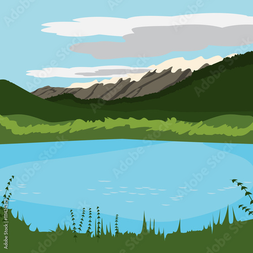 lake at the mountains background