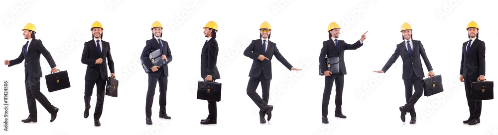 Young architect wearing hardhat on white Young architect wearing hardhat on white