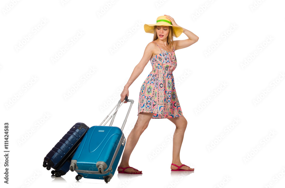 Woman with suitcase isolated on white Woman with suitcase isolated on white
