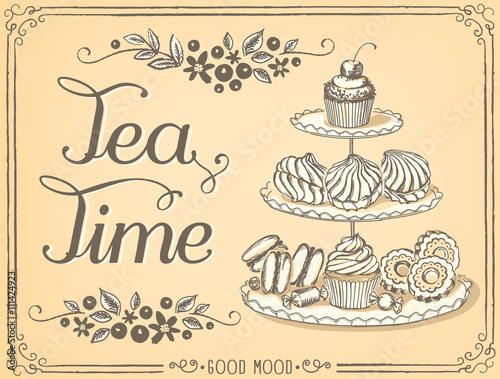 Retro illustration Time for tea with sweet pastries and cupcakes