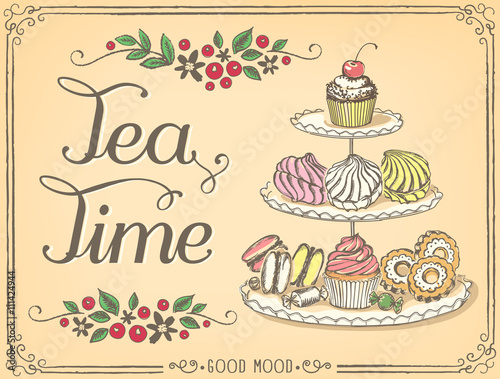 Retro illustration Time for tea with sweet pastries and cupcakes