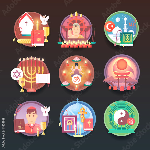Set of religion icons. Religions and confessions illustration concepts. Flat modern style.