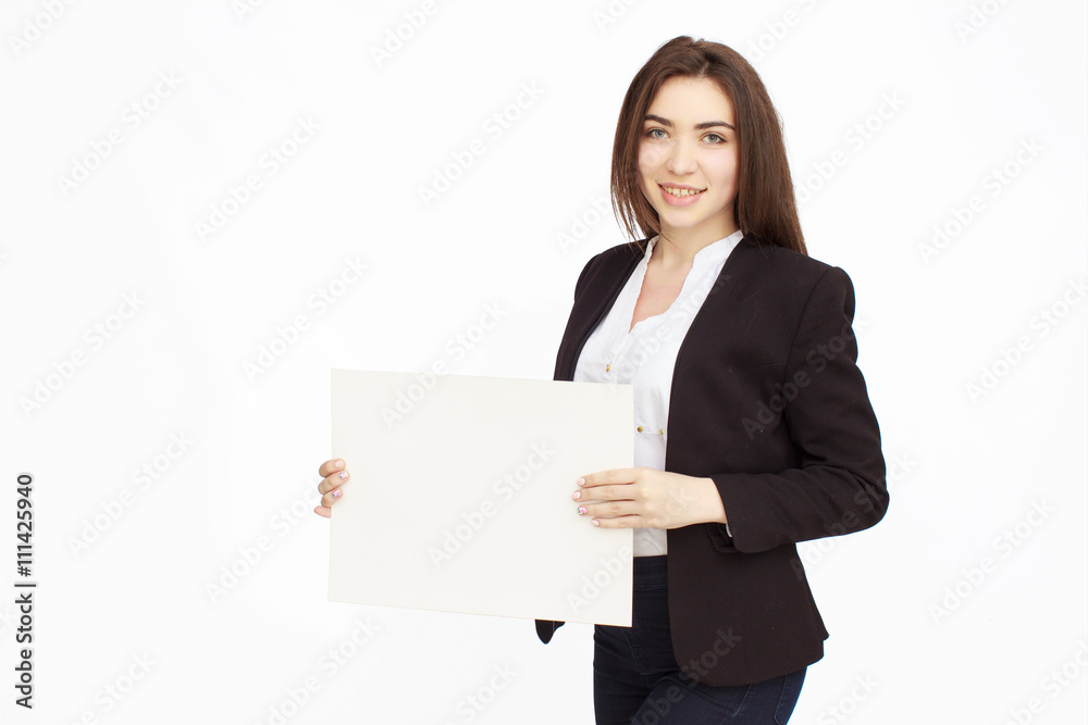 happy woman holding white blank paper happy woman holding white blank paper