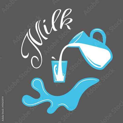 Farm milk splash vector elements. Pouring fresh homemade village milk into a glass from jug for advert banners and badges.