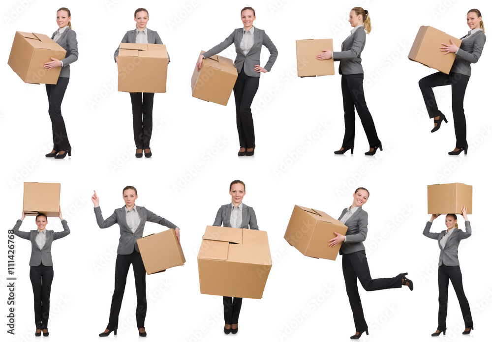 Composite image of woman with boxes on white Composite image of woman with boxes on white