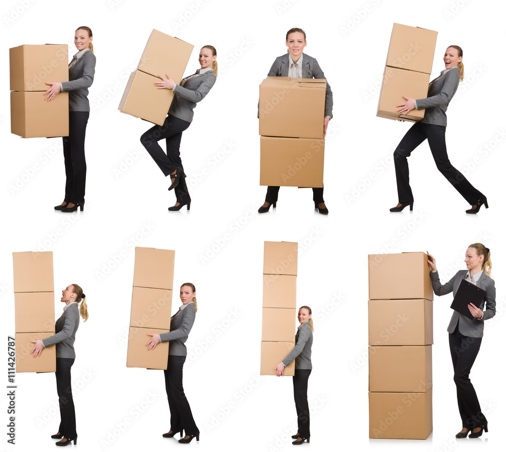 Composite image of woman with boxes on white Composite image of woman with boxes on white