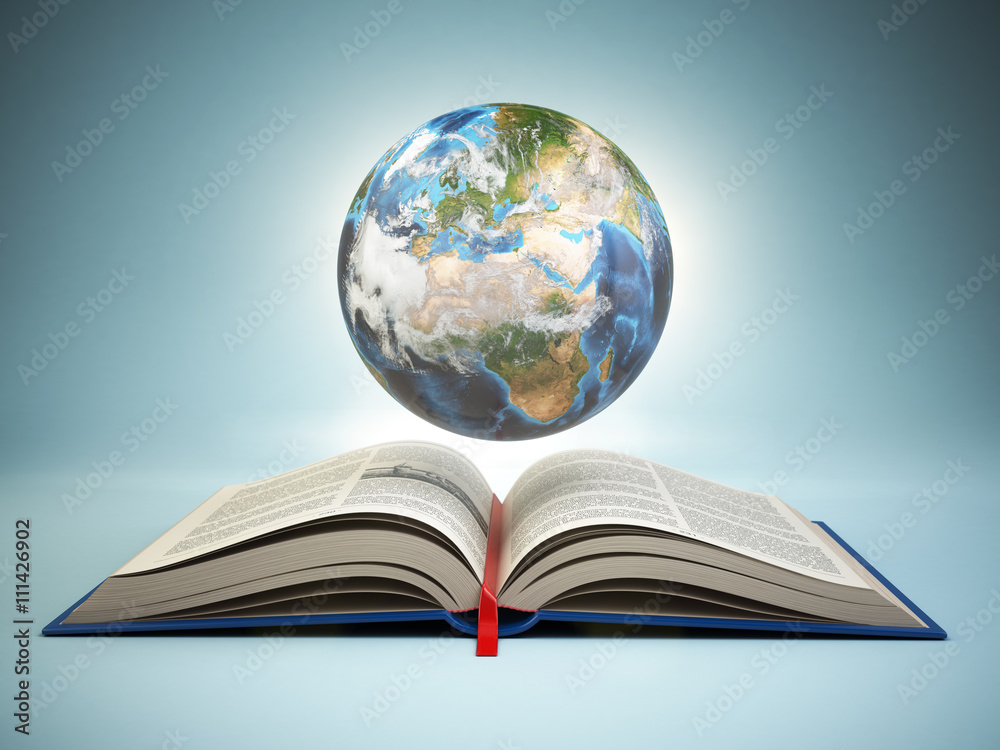 Obraz premium Opened book and Earth on blue background, Education concept.