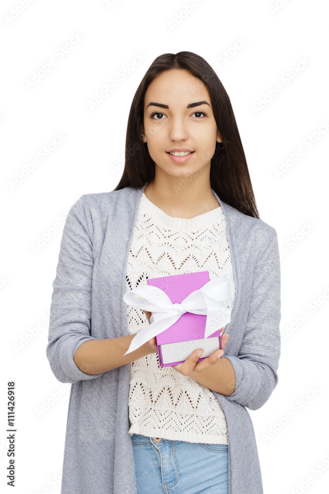 Young woman portrait holding gift Young woman portrait holding gift