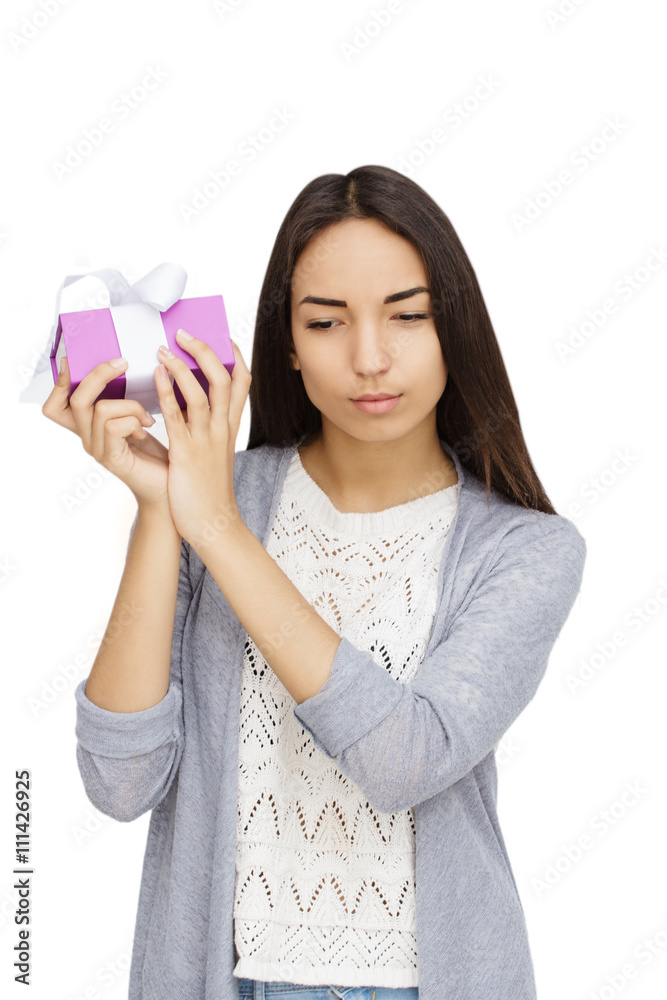 Young woman portrait holding gift 