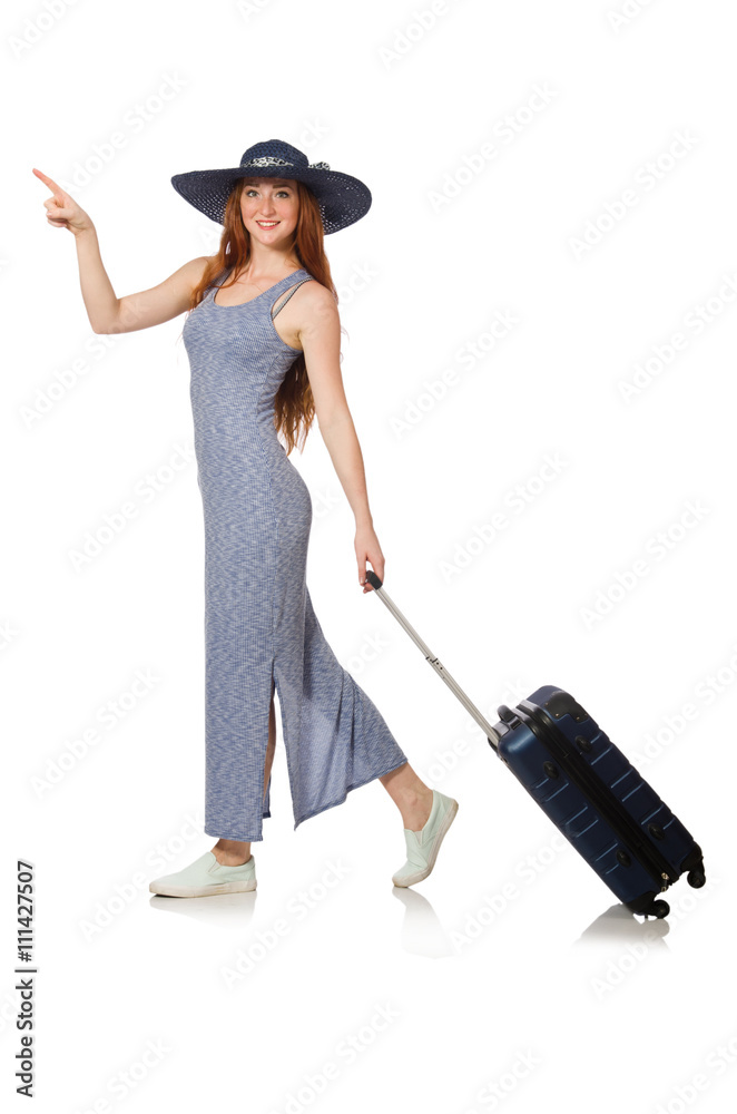 Woman with suitcase isolated on white Woman with suitcase isolated on white