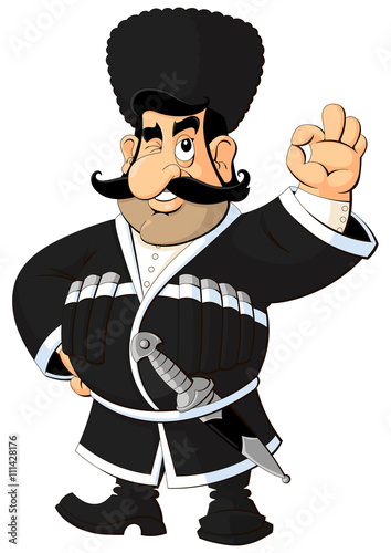 Cartoon Caucasian man in national costume. Gesture OK.