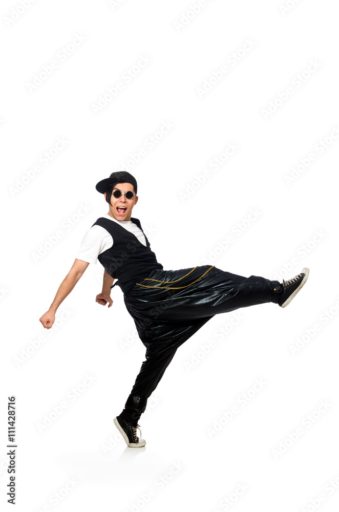 Funny young man dancing isolated on white