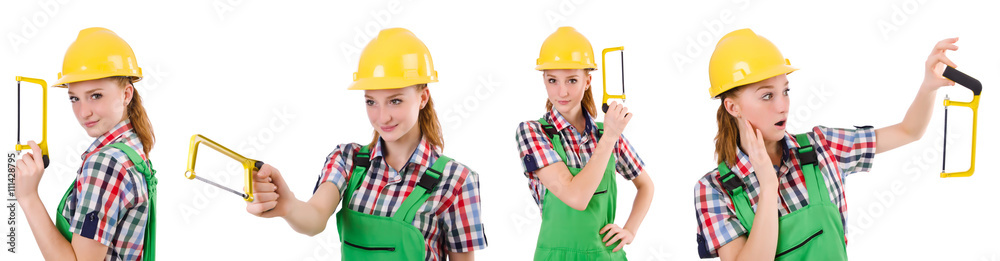 Female handyman in overalls isolated on white Female handyman in overalls isolated on white