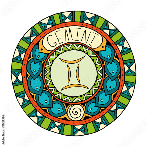 Zodiac signs theme. Mandala with gemini zodiac sign. Zentangle inspired mandala. Hand drawn tribal mandala horoscope symbol for tattoo art, printed media design, stickers, etc.  photo