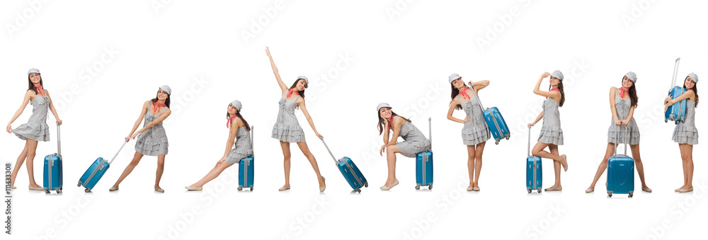 Obraz premium Travelling woman with suitcase isolated on white