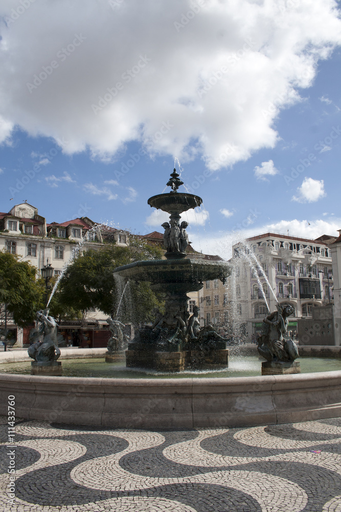 Fountain on Dom Pedro IV square in Lisbon