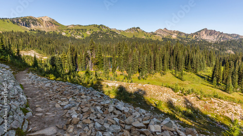 Summer landscape in mountains. PALISADES LAKES TRAIL, Sunrise Area, Mount Rainier