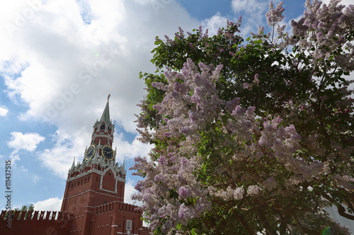 The Moscow Kremlin. Spasskaya tower with giant gold watch 