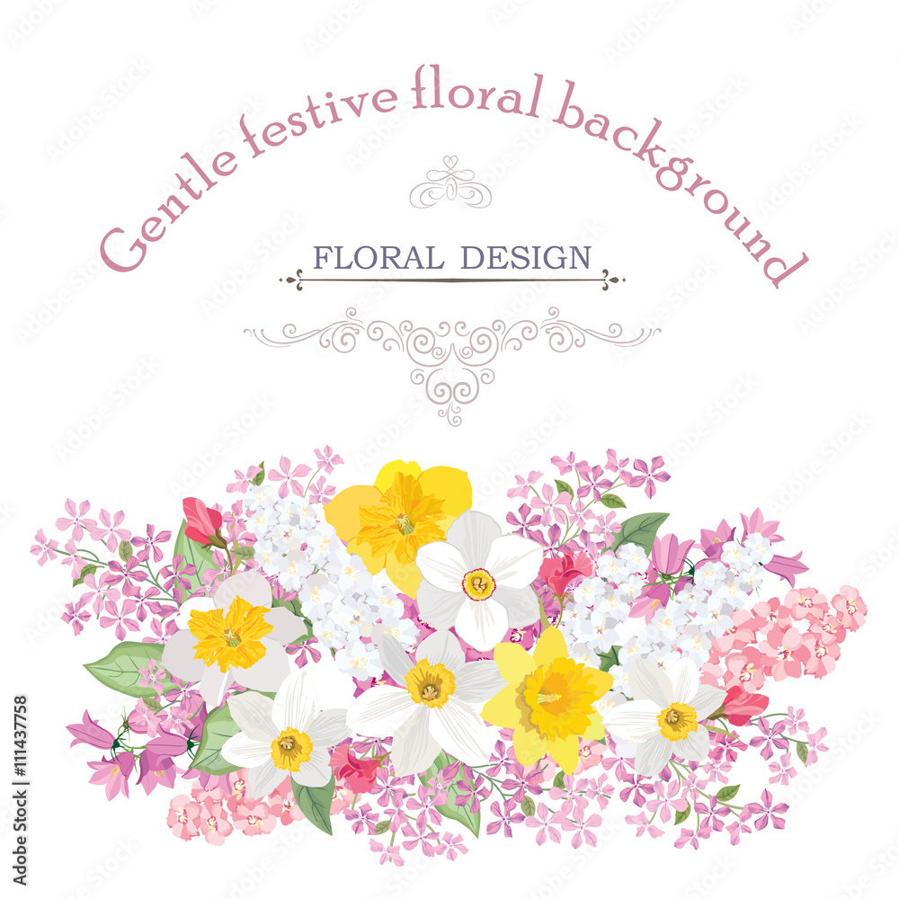 Floral frame with summer flowers. Floral bouquet background for greeting card