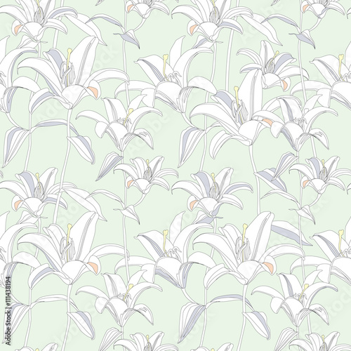 Floral seamless pattern. Flower lilies background. Floral outline texure 