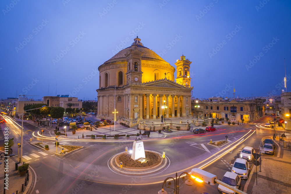 Beautiful Mosta Dome at blue hour with traffic - Malta
