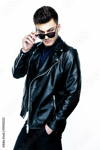  Casual handsome attractive man hipster guy wearing leather jacket on white background
