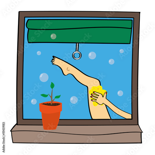 View through a bathroom window of a woman's leg as she applies a sponge to clean herself with bubbles floating  into the air