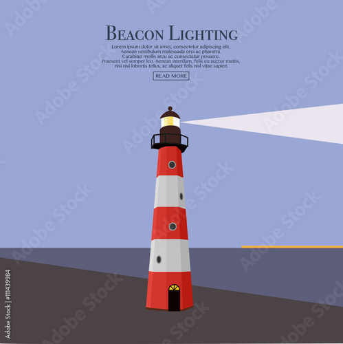 Cartoon flat lighthouses. Searchlight tower for maritime navigational guidance. Beacon. Vector illustration for web site, print, poster, presentation, infographic.