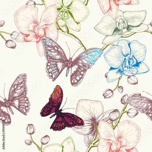  Seamless pattern background. Seamless orchid and butterfly hand drawn illustration. Vector - stock.
