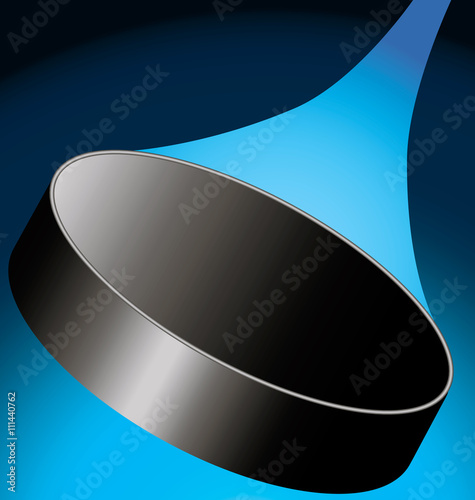 flying hockey puck on a dark blue ice