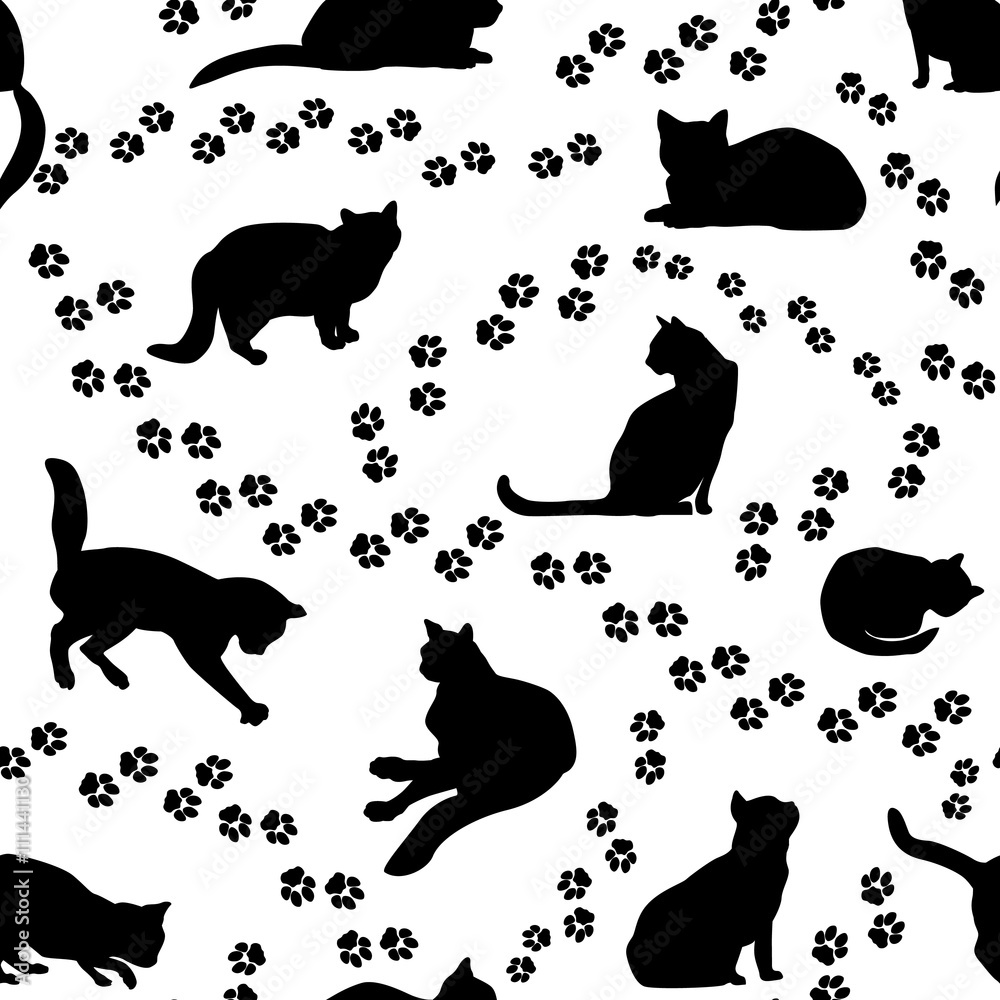 Cats seamless pattern. Kitten tiled background  animal tracks pattern