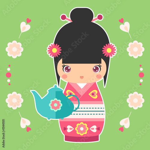 Vector illustration of Japanese Kokeshi Doll with teapot. Print for t-shirt, elements for card design. Baby art