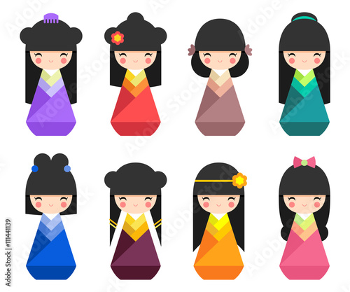 Set of Japanese Kokeshi Dolls flat icons