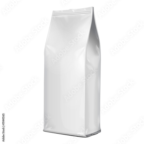 Foil Paper Food Bag Package Of Coffee, Salt, Sugar, Pepper, Spices Or Flour, Folded, Grayscale. On White Background Isolated. Mock Up Template Ready For Your Design. Product Packing Vector EPS10