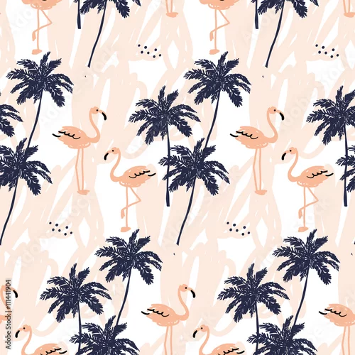 Tapety Sylwetka palmy i rumieniec różowy flaming na białym tle z pociągnięciami. Wektorowy bezszwowy wzór z tropikalnymi ptakami i roślinami.