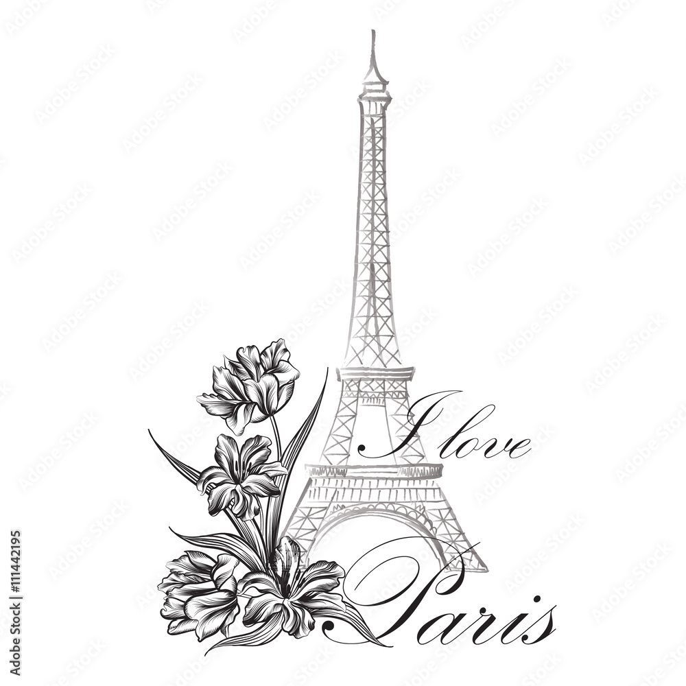 Floral Paris card. Famous Paris landmark Eiffil Tower. Travel France background