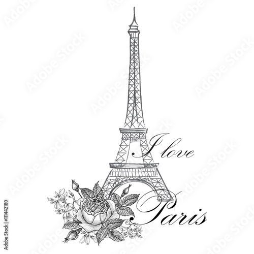 Fototapeta Naklejka Na Ścianę i Meble -  Floral Paris Illustration Famous Paris landmark Eiffel Tower. Travel France Graphic Design