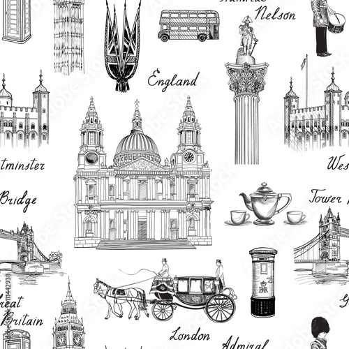 London landmark seamless pattern. Doodle travel Europe sketchy lettering. Famous architectural monuments and symbols. England vintage icons vector textured background