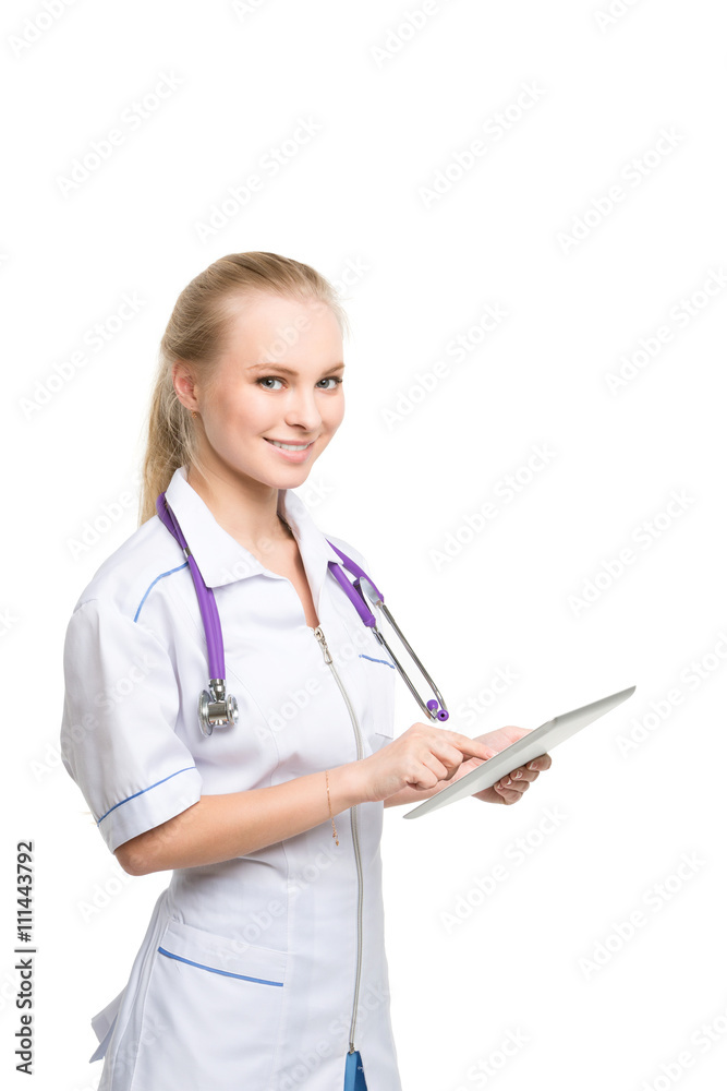 Woman doctor with electronic tablet. Woman doctor with electronic tablet.
