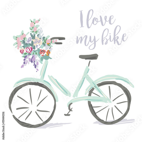 Print for tee shirt with message I love my bike on the white background. Mint bicycle with bouquet of flowers. Cute illustration.
