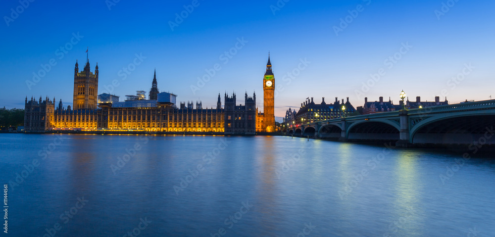 Big Ben and Westminster Bridge in London at night, UK