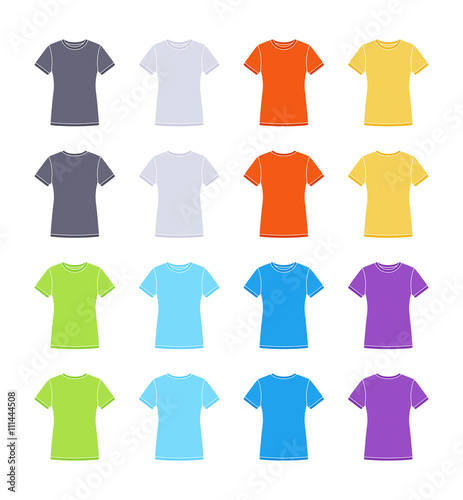 Female colored short sleeve t-shirts templates collection. Front and back views. Vector flat illustrations