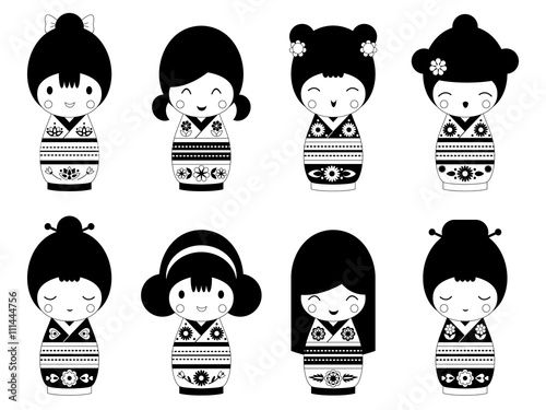 Set of outline Japanese Kokeshi Dolls