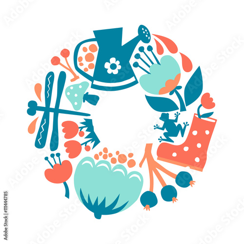 Vector illustration of flat flowers garden elements. Flower background, decorative art print ornament. Can be used for fabric, textile, T-shirt, wall sticker, postcard design.