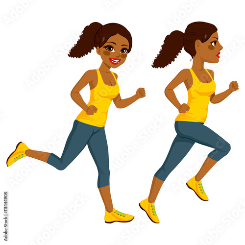 Beautiful young African American athlete runner woman on two different running action isolated on white background