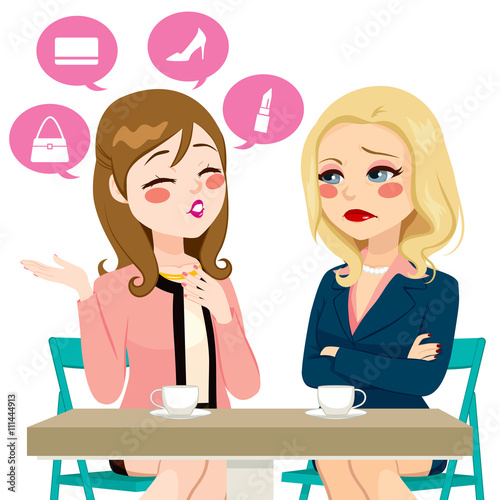 Young girl gossiping boasting about her life having coffee with adult woman in disbelief or disappointment