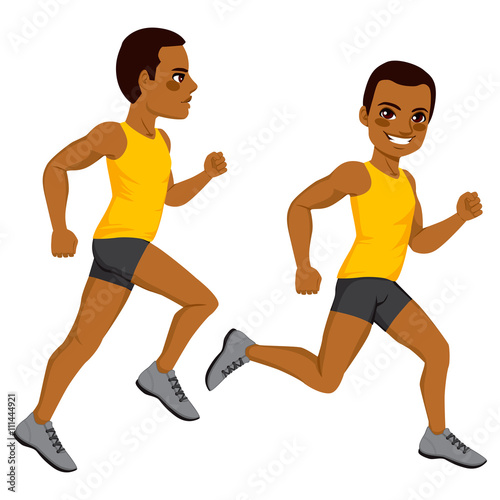African American athletic man runner on two different running action isolated on white background