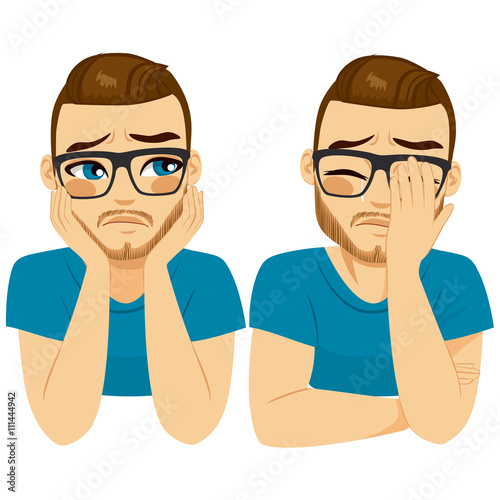 Young crying sad man on two different face expressions
